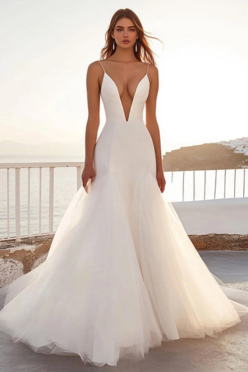 Spaghetti Strapless Mermaid Ivory Tulle Wedding Dress